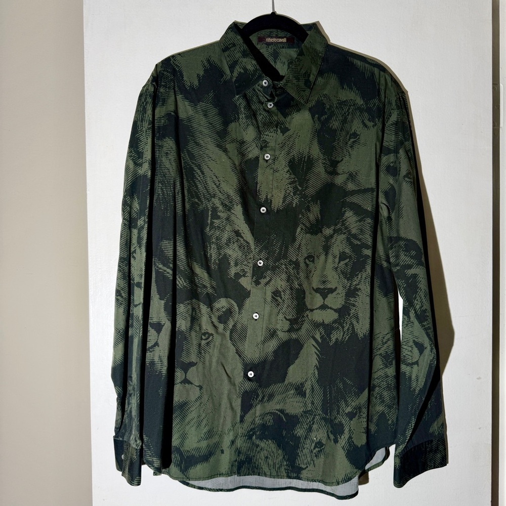 Roberto Cavalli Dark Green & Black Lion Motif Button-Up Shirt